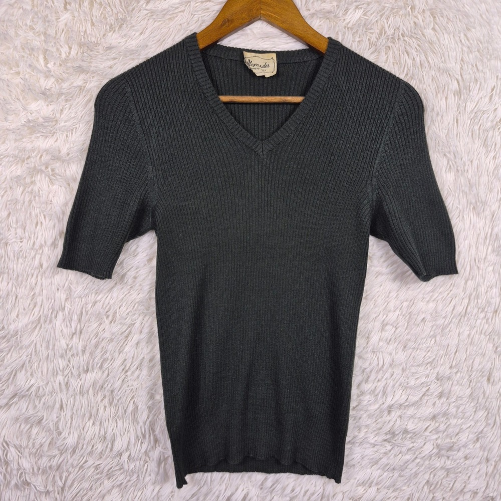 VTG Alexander Italy Cashmere Silk Ribbed V-Neck Short Sleeve Knit Top Charcoal